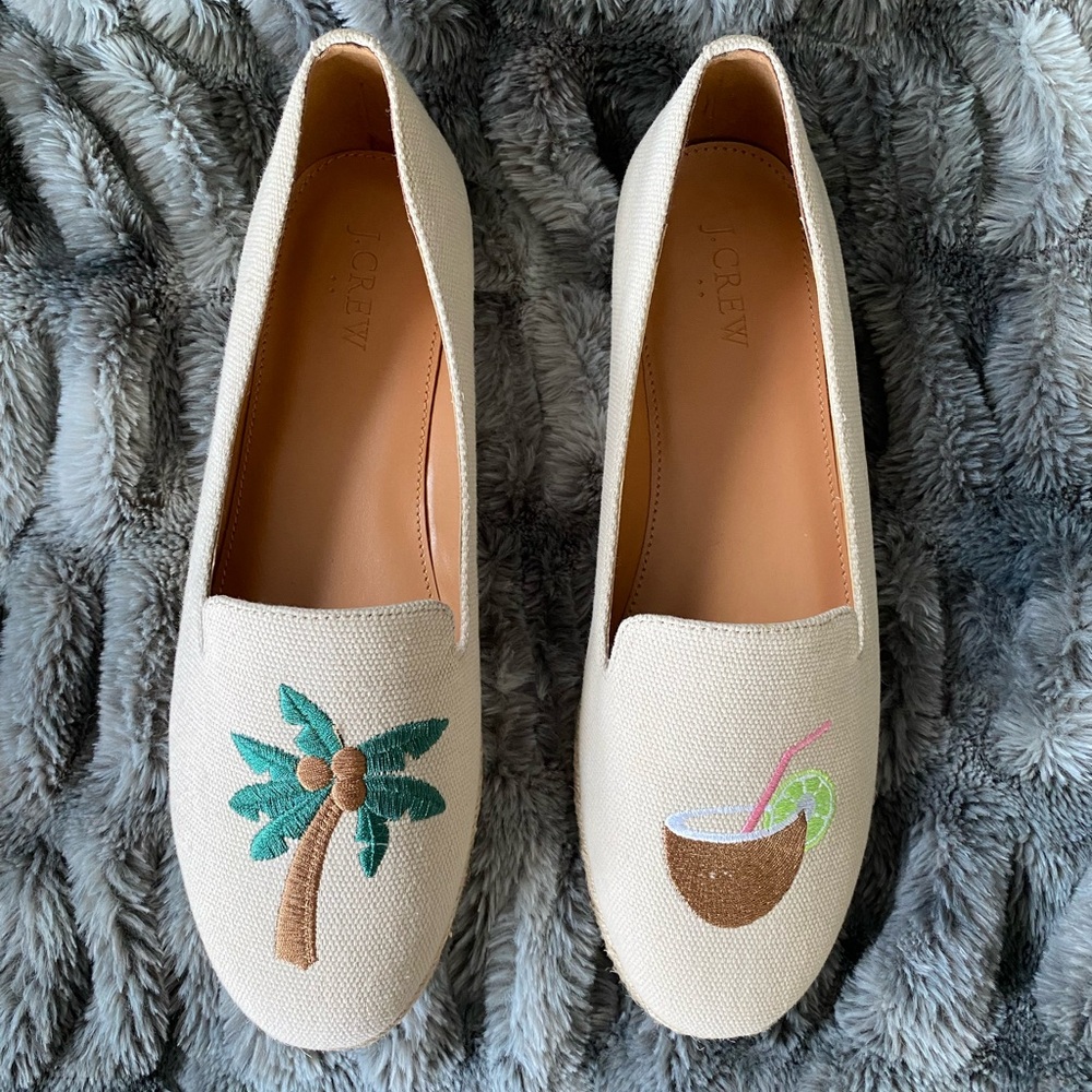 J. Crew Women's Embroidered Canvas Slip on Espadrilles Palm Tree Cocktail 9.5